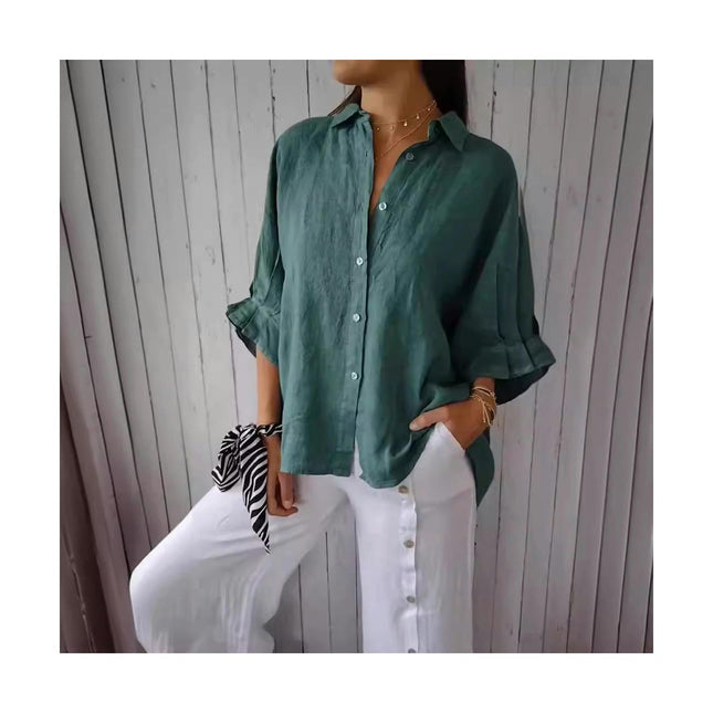 Women Cotton Linen Shirts Button Down Summer Shirt Casual 3/4 Sleeve Tops