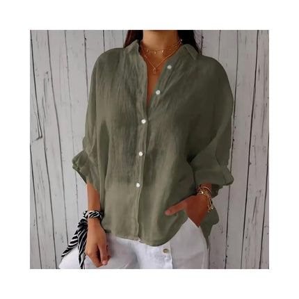 Women Cotton Linen Shirts Button Down Summer Shirt Casual 3/4 Sleeve Tops