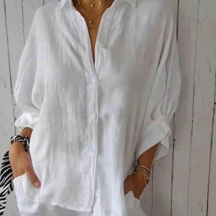 Women Cotton Linen Shirts Button Down Summer Shirt Casual 3/4 Sleeve Tops