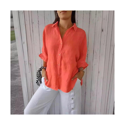 Women Cotton Linen Shirts Button Down Summer Shirt Casual 3/4 Sleeve Tops