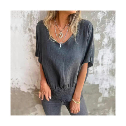 Women's Summer Short Sleeve Cotton Linen Tops Shirts Casual V Neck Loose Ruched Blouse