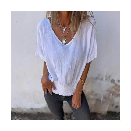 Women's Summer Short Sleeve Cotton Linen Tops Shirts Casual V Neck Loose Ruched Blouse