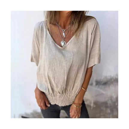 Women's Summer Short Sleeve Cotton Linen Tops Shirts Casual V Neck Loose Ruched Blouse