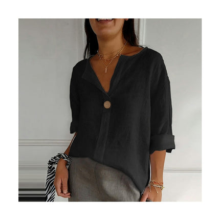 Summer Cotton Linen Tops for Women V Neck Roll Up Sleeve Shirts Casual Button Blouse