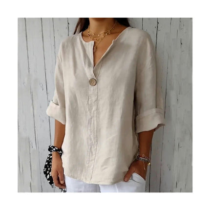 Summer Cotton Linen Tops for Women V Neck Roll Up Sleeve Shirts Casual Button Blouse