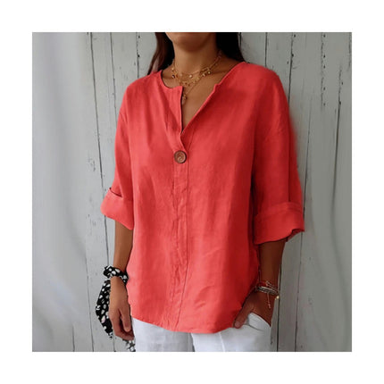 Summer Cotton Linen Tops for Women V Neck Roll Up Sleeve Shirts Casual Button Blouse