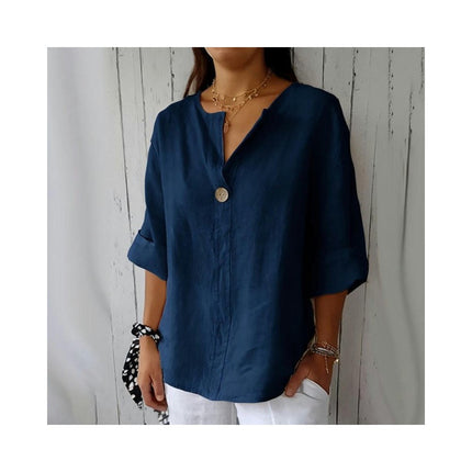 Summer Cotton Linen Tops for Women V Neck Roll Up Sleeve Shirts Casual Button Blouse