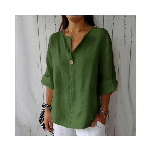 Summer Cotton Linen Tops for Women V Neck Roll Up Sleeve Shirts Casual Button Blouse