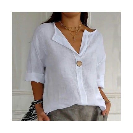 Summer Cotton Linen Tops for Women V Neck Roll Up Sleeve Shirts Casual Button Blouse