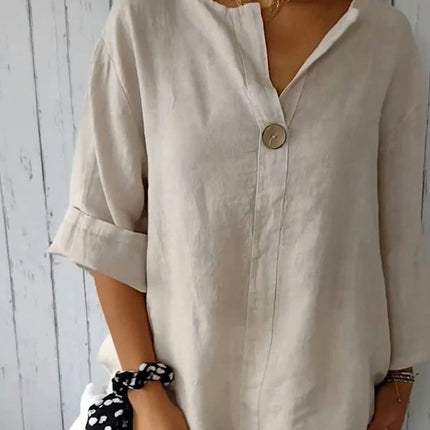 Summer Cotton Linen Tops for Women V Neck Roll Up Sleeve Shirts Casual Button Blouse