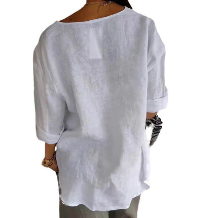 Summer Cotton Linen Tops for Women V Neck Roll Up Sleeve Shirts Casual Button Blouse