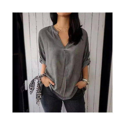 Women's V-Neck Cotton Linen Shirt Top 3/4 Roll-Up Sleeve Summer Casual Loose Blouses