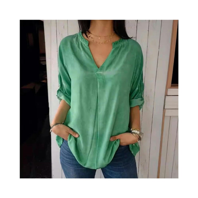 Women's V-Neck Cotton Linen Shirt Top 3/4 Roll-Up Sleeve Summer Casual Loose Blouses