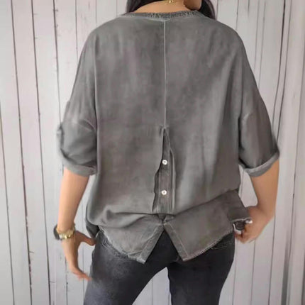 Women's V-Neck Cotton Linen Shirt Top 3/4 Roll-Up Sleeve Summer Casual Loose Blouses