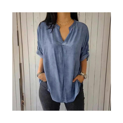 Women's V-Neck Cotton Linen Shirt Top 3/4 Roll-Up Sleeve Summer Casual Loose Blouses