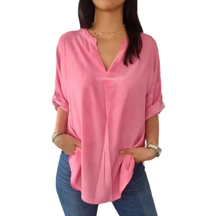 Women's V-Neck Cotton Linen Shirt Top 3/4 Roll-Up Sleeve Summer Casual Loose Blouses