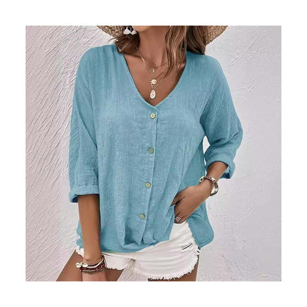 Women's Casual Cotton Linen Blouses Tops V Neck Long Sleeve Button Down Shirts