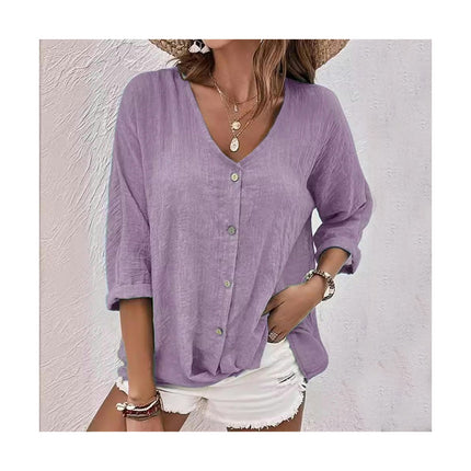 Women's Casual Cotton Linen Blouses Tops V Neck Long Sleeve Button Down Shirts