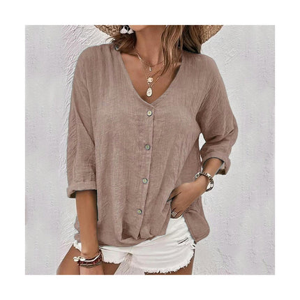 Women's Casual Cotton Linen Blouses Tops V Neck Long Sleeve Button Down Shirts