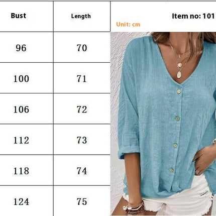 Women's Casual Cotton Linen Blouses Tops V Neck Long Sleeve Button Down Shirts