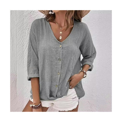 Women's Casual Cotton Linen Blouses Tops V Neck Long Sleeve Button Down Shirts