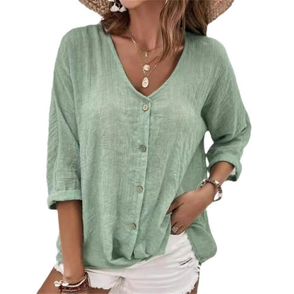 Women's Casual Cotton Linen Blouses Tops V Neck Long Sleeve Button Down Shirts