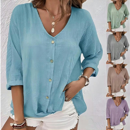 Women's Casual Cotton Linen Blouses Tops V Neck Long Sleeve Button Down Shirts