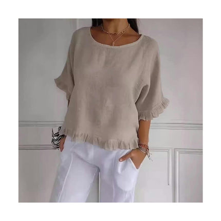 Womens Cotton Linen T Shirts Loose Fit Summer Short Sleeve Round Neck Ruffled Tops