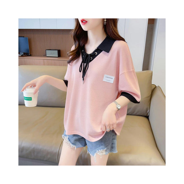 Women's Short Sleeve V Neck Collar Colorblock Top Summer Loose Polo Shirt