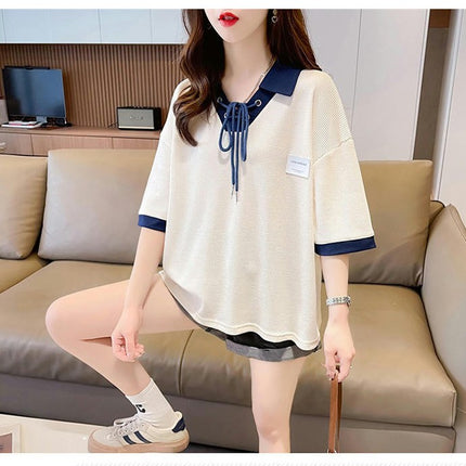 Women's Short Sleeve V Neck Collar Colorblock Top Summer Loose Polo Shirt