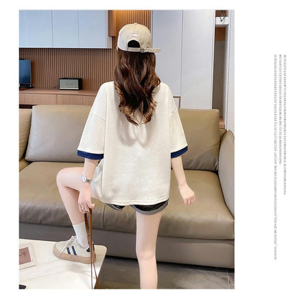 Women's Short Sleeve V Neck Collar Colorblock Top Summer Loose Polo Shirt