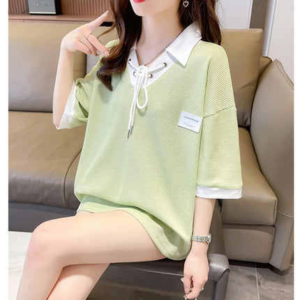 Women's Short Sleeve V Neck Collar Colorblock Top Summer Loose Polo Shirt