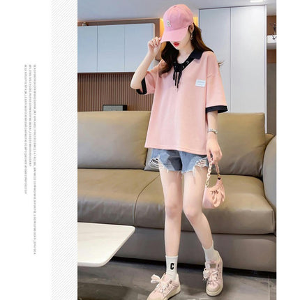 Women's Short Sleeve V Neck Collar Colorblock Top Summer Loose Polo Shirt