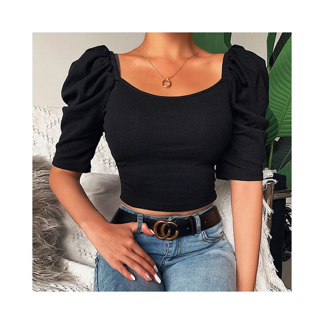 Women's Summer Puff Short Sleeve Crop Tops Square Neck Slim Fit T Shirts