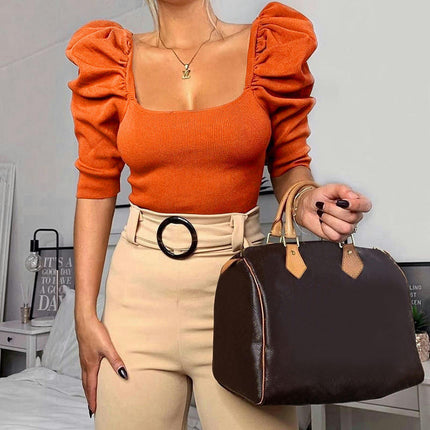 Women's Summer Puff Short Sleeve Crop Tops Square Neck Slim Fit T Shirts