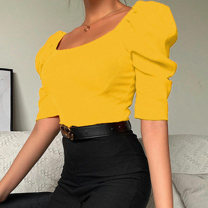 Women's Summer Puff Short Sleeve Crop Tops Square Neck Slim Fit T Shirts