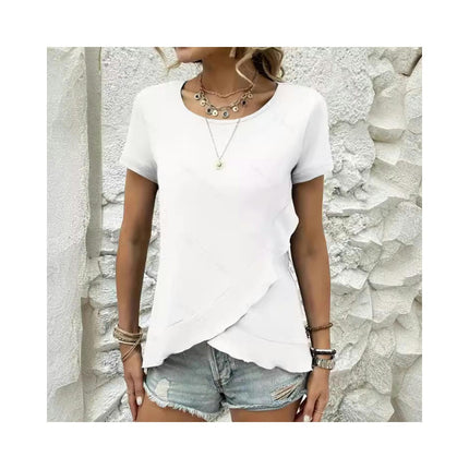 Women's Short Sleeve Round Neck Top Summer Loose Ruffled Asymmetrical Hem T Shirt