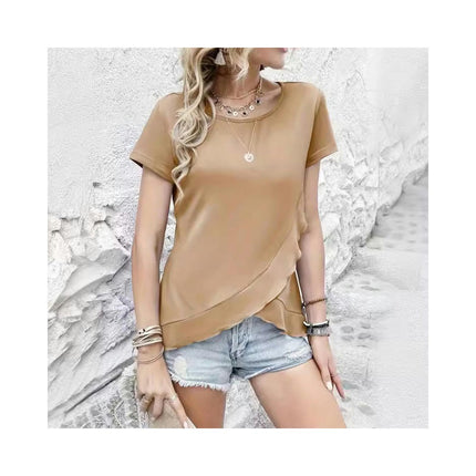 Women's Short Sleeve Round Neck Top Summer Loose Ruffled Asymmetrical Hem T Shirt