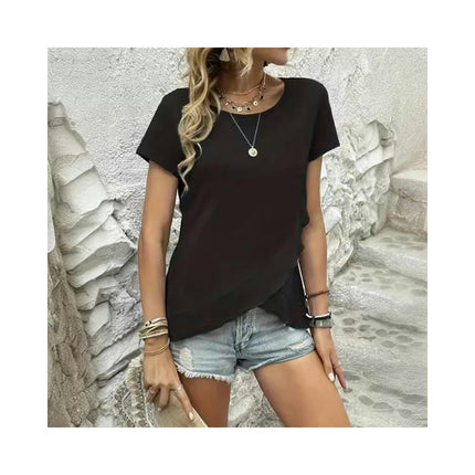 Women's Short Sleeve Round Neck Top Summer Loose Ruffled Asymmetrical Hem T Shirt