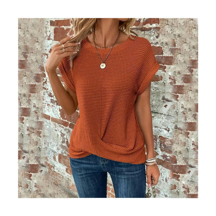 Women's Summer Round Neck Short Sleeve Top Loose Twist Front T Shirt