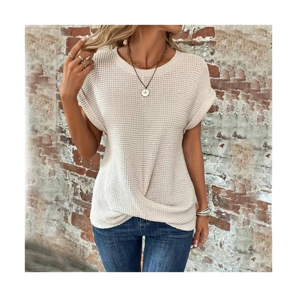 Women's Summer Round Neck Short Sleeve Top Loose Twist Front T Shirt