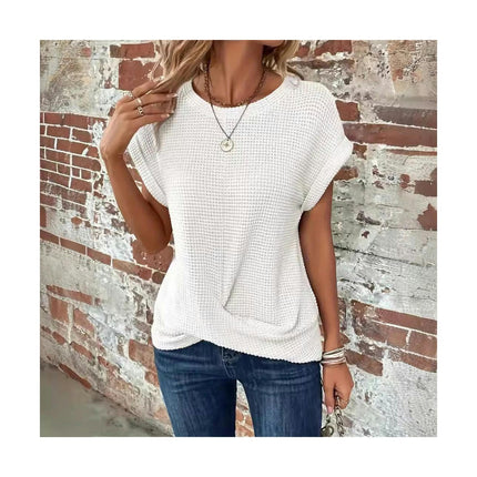 Women's Summer Round Neck Short Sleeve Top Loose Twist Front T Shirt