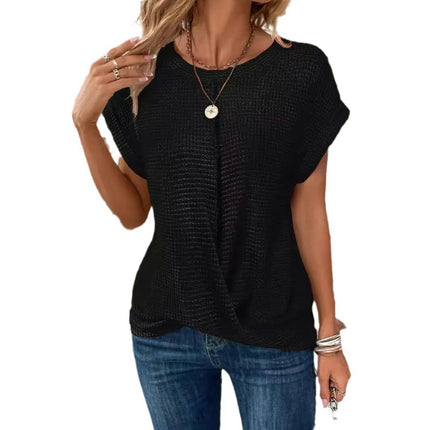 Women's Summer Round Neck Short Sleeve Top Loose Twist Front T Shirt