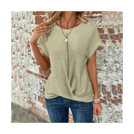 Women's Summer Round Neck Short Sleeve Top Loose Twist Front T Shirt