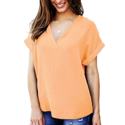 Women's V Neck T Shirts Casual Rolled Short Sleeve Summer Loose Fit Tops