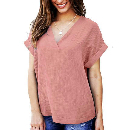 Women's V Neck T Shirts Casual Rolled Short Sleeve Summer Loose Fit Tops