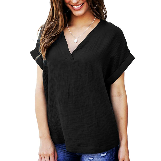 Women's V Neck T Shirts Casual Rolled Short Sleeve Summer Loose Fit Tops