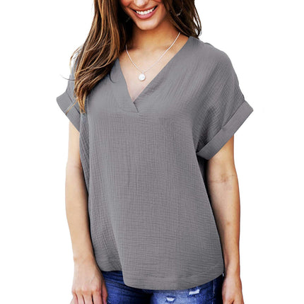 Women's V Neck T Shirts Casual Rolled Short Sleeve Summer Loose Fit Tops