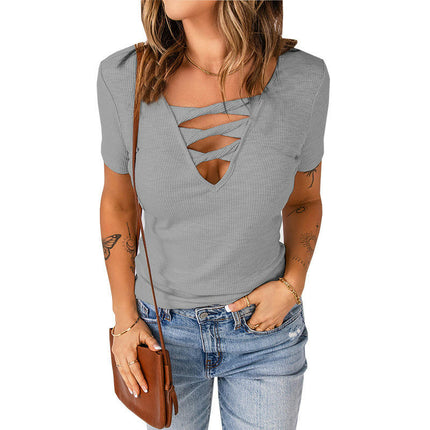 Women's Sexy Cut Out V Neck T Shirts Short Sleeve Summer Slim Fit Tops