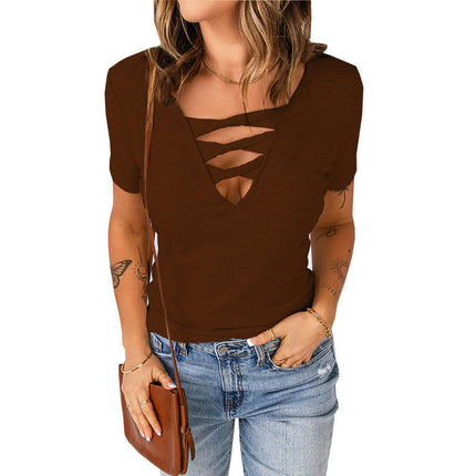 Women's Sexy Cut Out V Neck T Shirts Short Sleeve Summer Slim Fit Tops